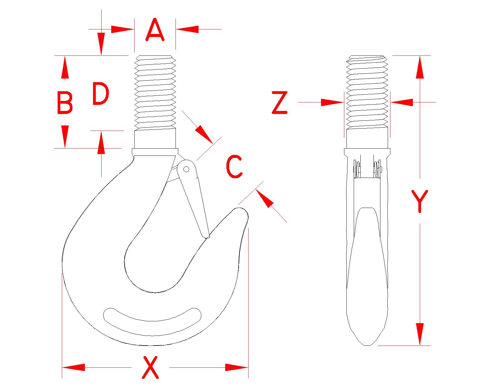 Stainless Steel Threaded Shank Hook, Forged, Load Rated, S0458-0100, S0458-0120, S0458-0150, S0458-0200, Line Drawing